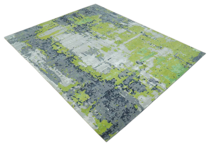 Modern Abstract Silver, Green and Gray Hand Knotted 8x10 Wool and Bamboo Silk Area Rug - The Rug Decor