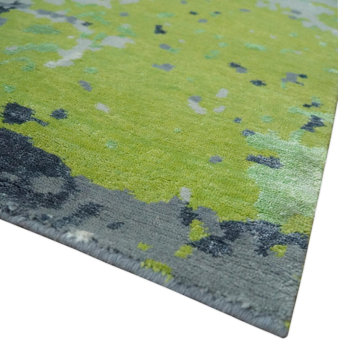 Modern Abstract Silver, Green and Gray Hand Knotted 8x10 Wool and Bamboo Silk Area Rug - The Rug Decor
