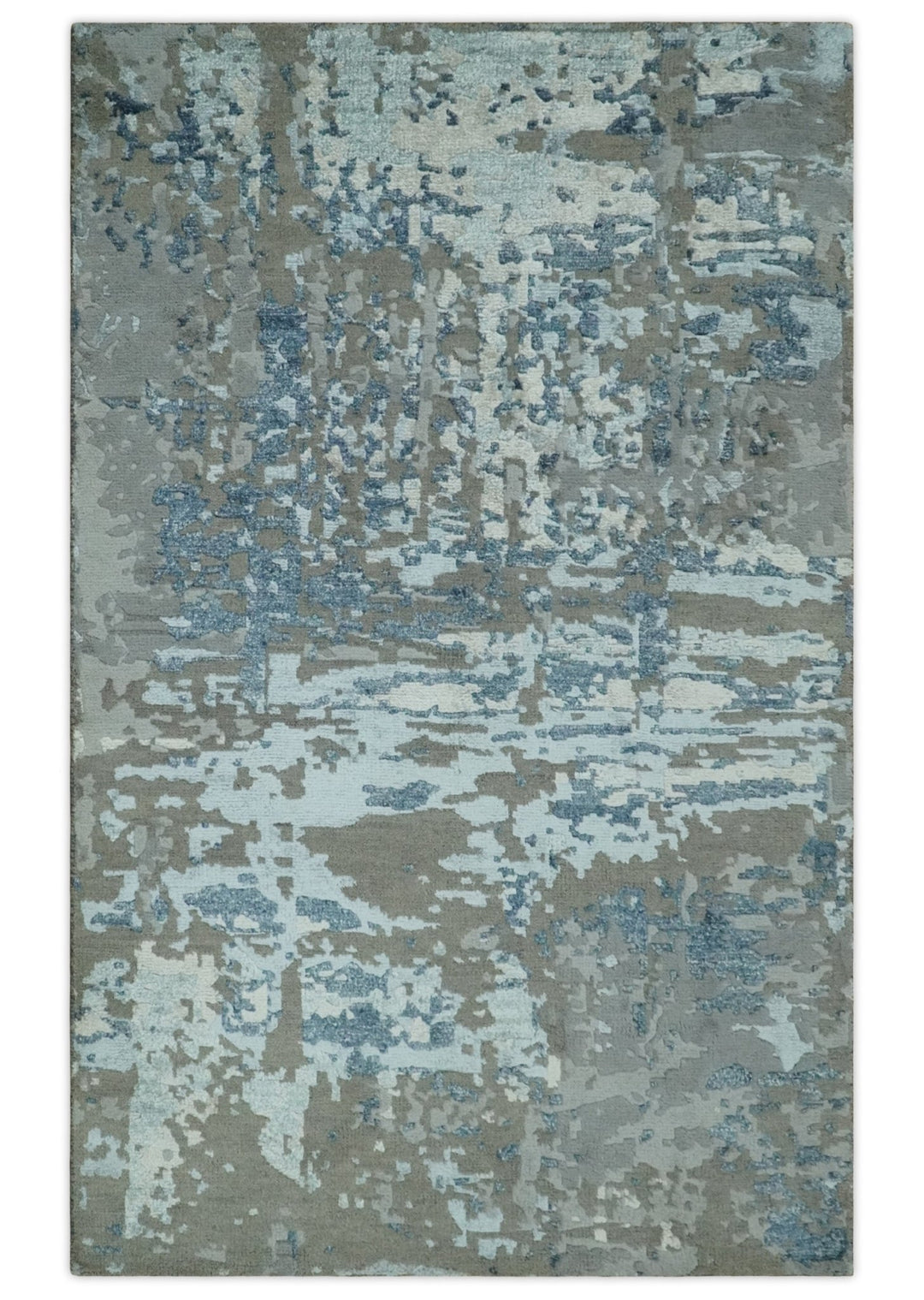 Modern Abstract Taupe, Aqua, Blue and Gray Hand Knotted 5x8 wool Area Rug - The Rug Decor