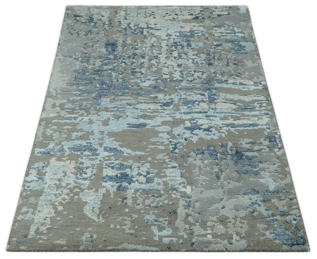 Modern Abstract Taupe, Aqua, Blue and Gray Hand Knotted 5x8 wool Area Rug - The Rug Decor