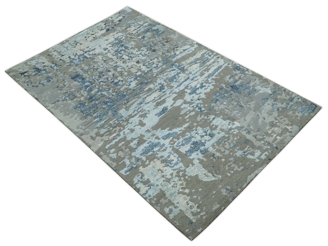 Modern Abstract Taupe, Aqua, Blue and Gray Hand Knotted 5x8 wool Area Rug - The Rug Decor