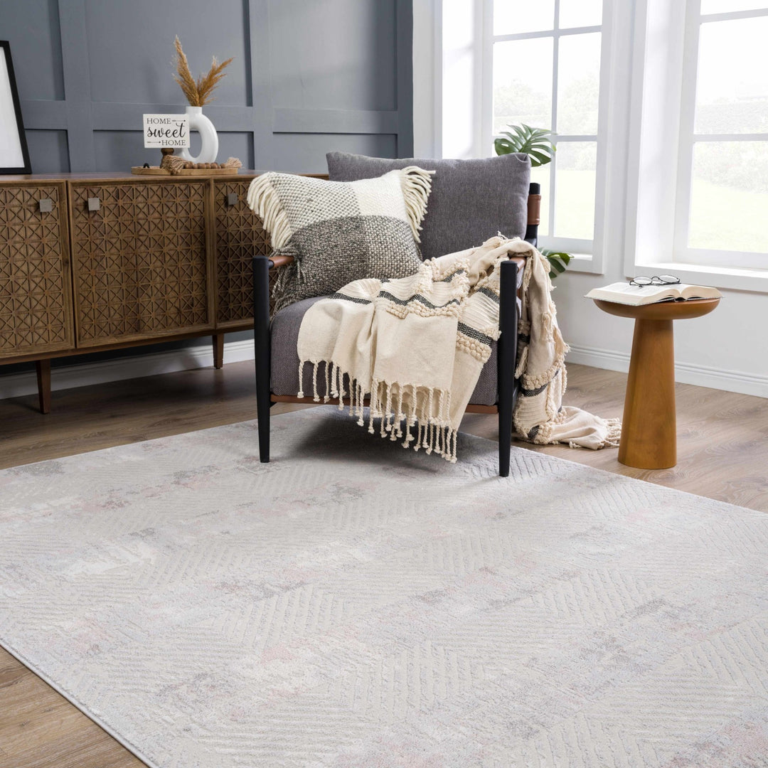 Modern Chevron Pattern Ivory, Beige and Pink Area Rug - The Rug Decor