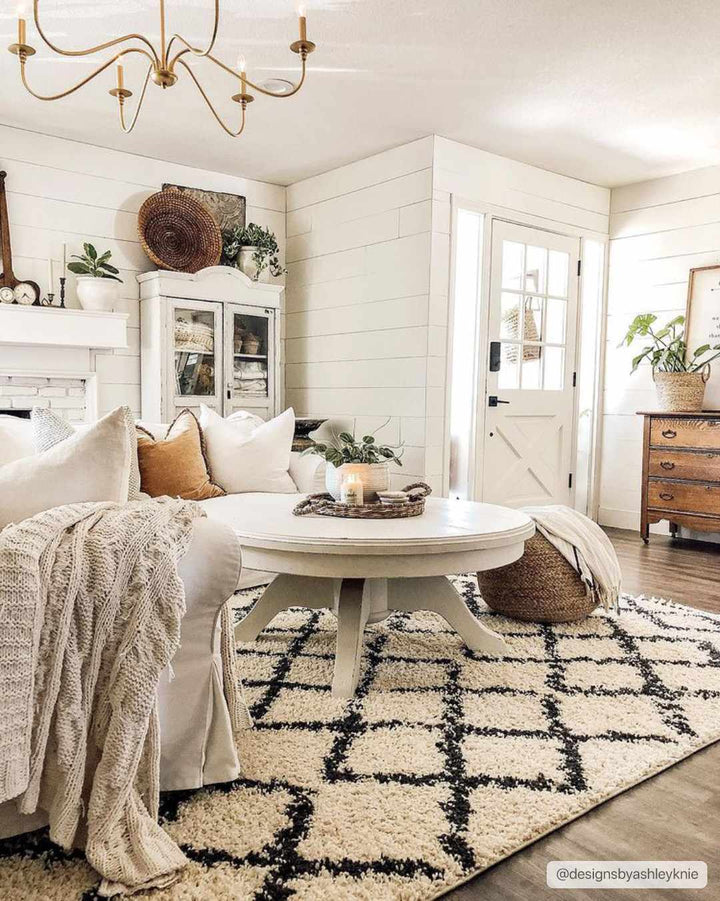 Modern Contemporary Beige and Charcoal Tribal Trellis Plush Pile Area Rug - The Rug Decor
