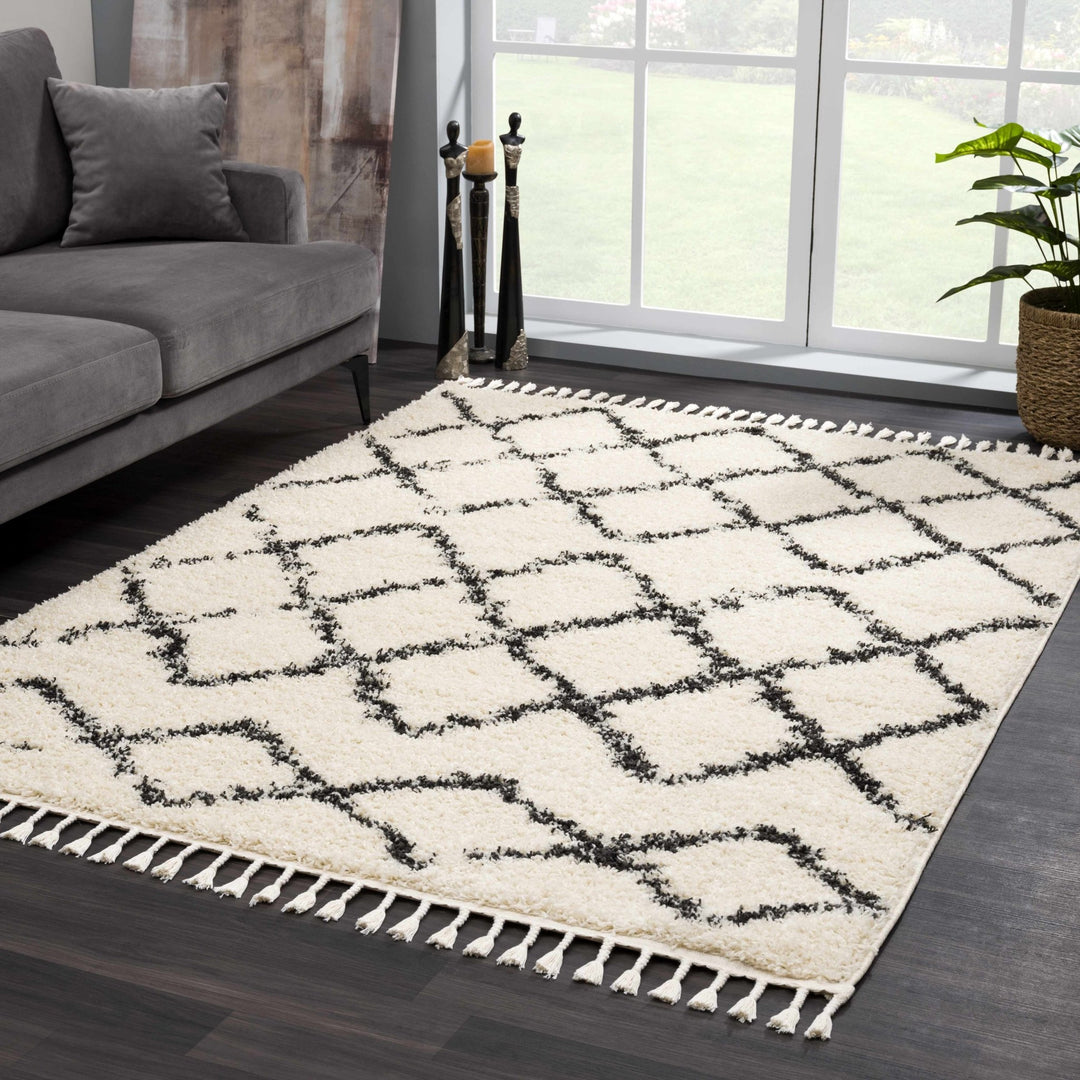 Modern Contemporary Beige and Charcoal Tribal Trellis Plush Pile Area Rug - The Rug Decor