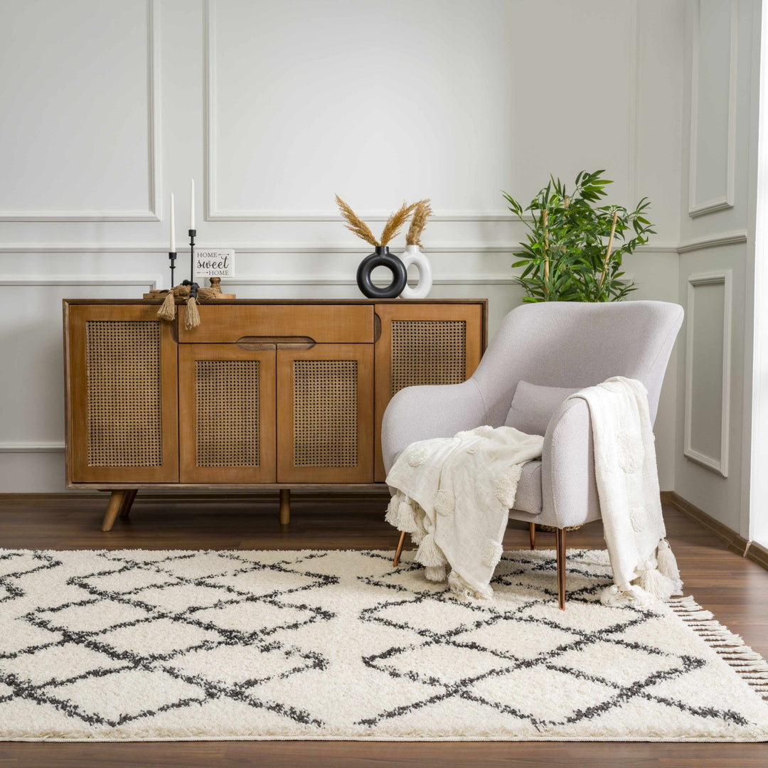 Modern Contemporary Beige and Charcoal Tribal Trellis Plush Pile Area Rug - The Rug Decor