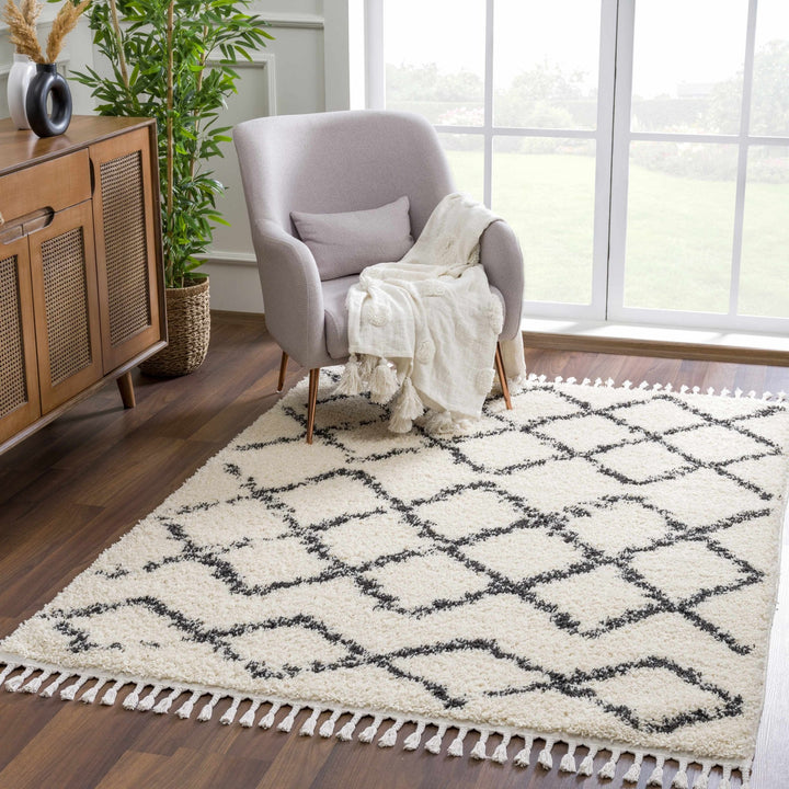 Modern Contemporary Beige and Charcoal Tribal Trellis Plush Pile Area Rug - The Rug Decor