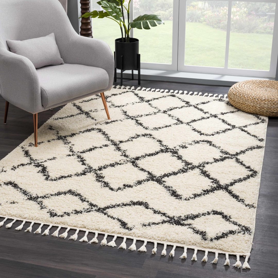 Modern Contemporary Beige and Charcoal Tribal Trellis Plush Pile Area Rug - The Rug Decor