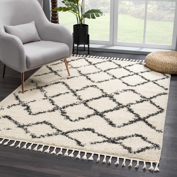 Modern Contemporary Beige and Charcoal Tribal Trellis Plush Pile Area Rug - The Rug Decor