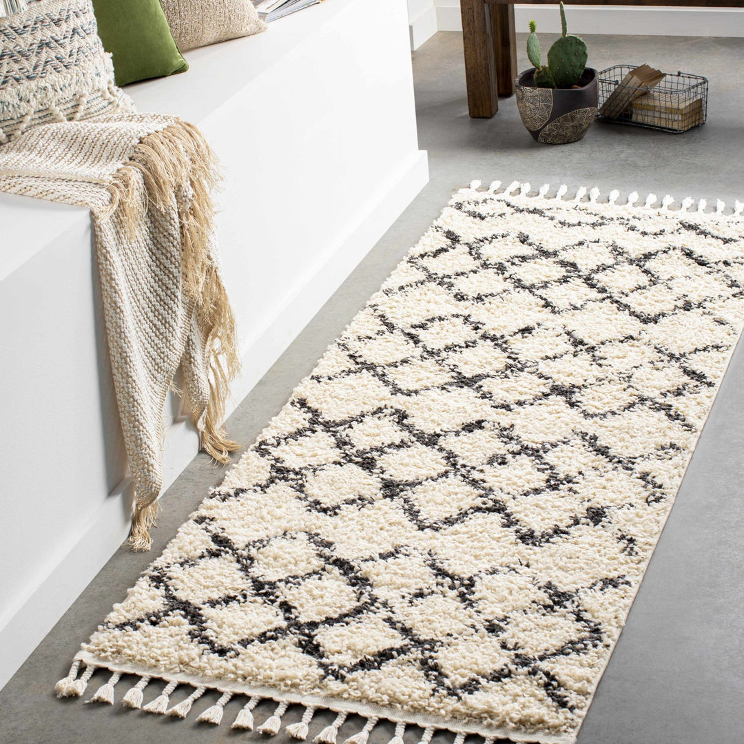 Modern Contemporary Beige and Charcoal Tribal Trellis Plush Pile Area Rug - The Rug Decor