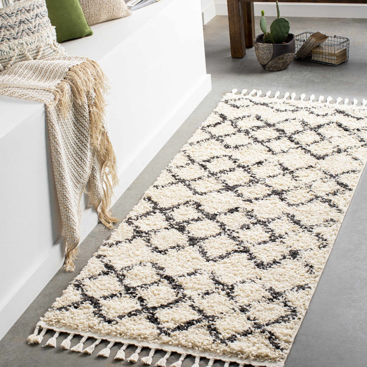 Modern Contemporary Beige and Charcoal Tribal Trellis Plush Pile Area Rug - The Rug Decor
