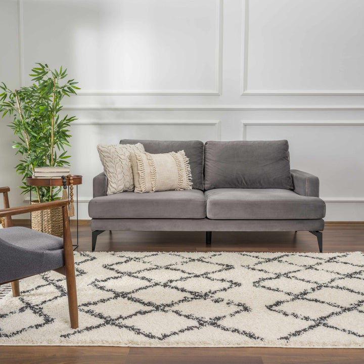 Modern Contemporary Beige and Charcoal Tribal Trellis Plush Pile Area Rug - The Rug Decor