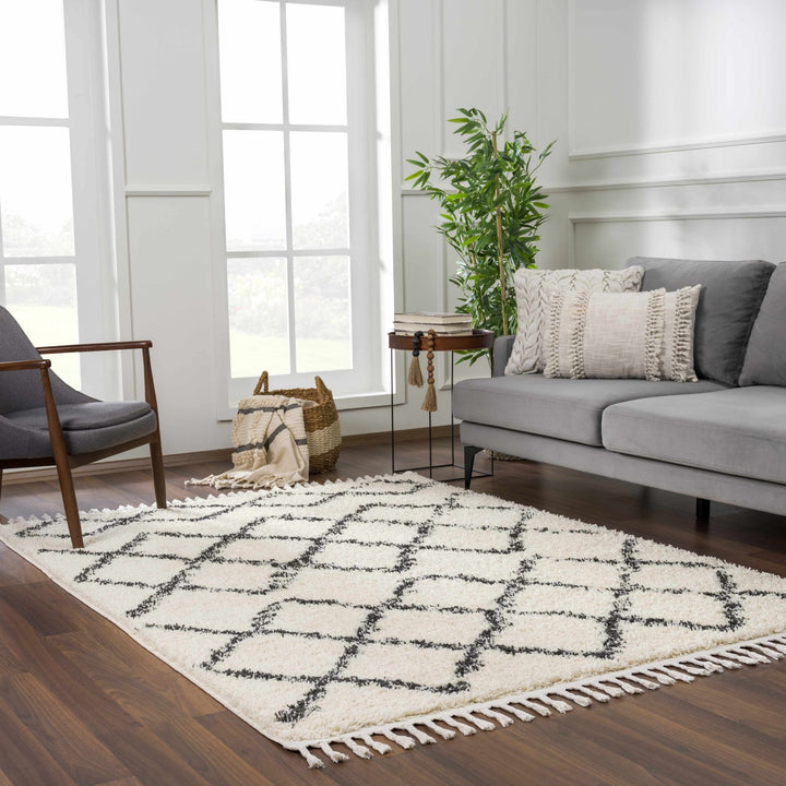 Modern Contemporary Beige and Charcoal Tribal Trellis Plush Pile Area Rug - The Rug Decor