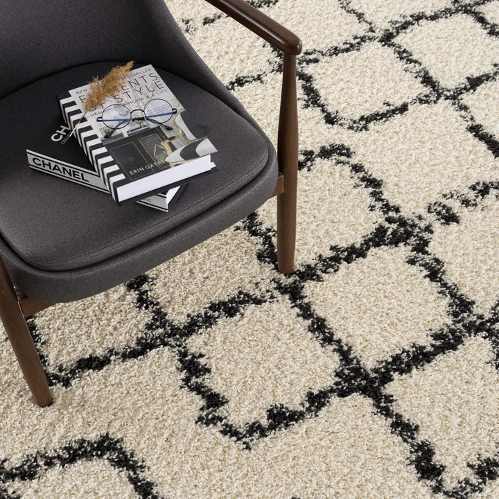 Modern Contemporary Beige and Charcoal Tribal Trellis Plush Pile Area Rug - The Rug Decor