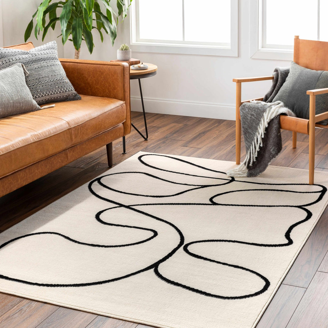 Modern Contemporary Ivory and Black Free lines design Area Rug - The Rug Decor