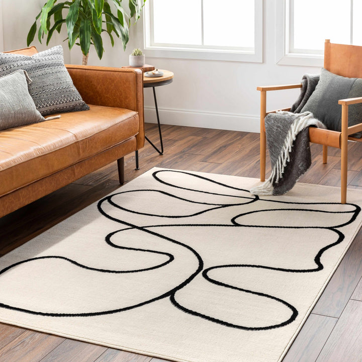 Modern Contemporary Ivory and Black Free lines design Area Rug - The Rug Decor