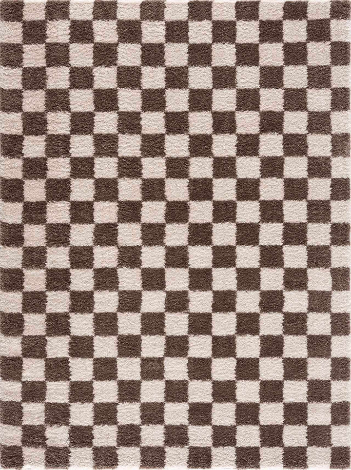 Modern Contemporary Ivory and Brown Checkered Texture Machine Woven Area Rug - The Rug Decor