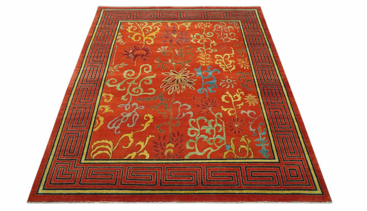 Modern Floral Orange 8x10 Hand Knotted wool Area Rug - The Rug Decor