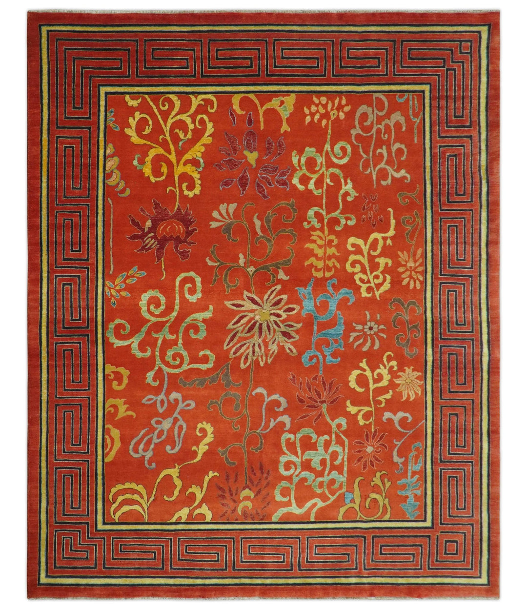 Modern Floral Orange 8x10 Hand Knotted wool Area Rug - The Rug Decor