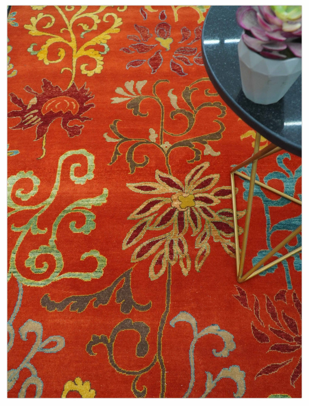 Modern Floral Orange 8x10 Hand Knotted wool Area Rug - The Rug Decor
