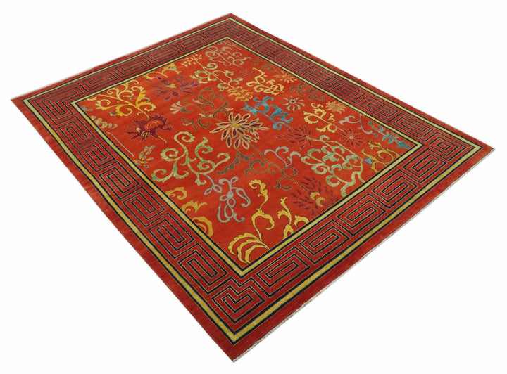 Modern Floral Orange 8x10 Hand Knotted wool Area Rug - The Rug Decor