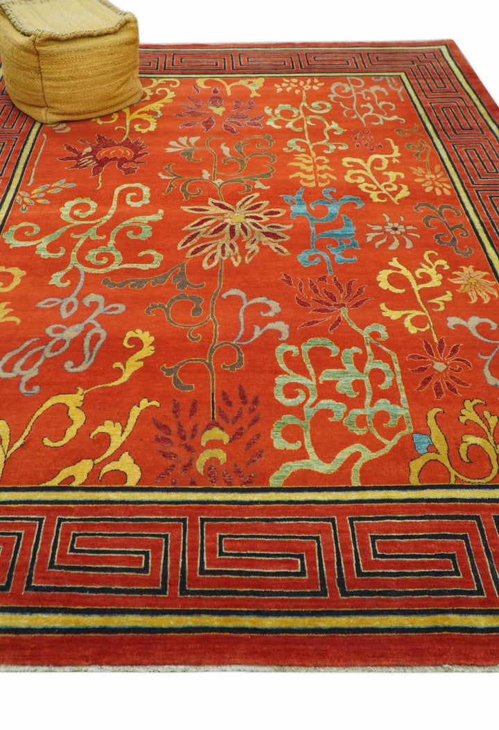 Modern Floral Orange 8x10 Hand Knotted wool Area Rug - The Rug Decor