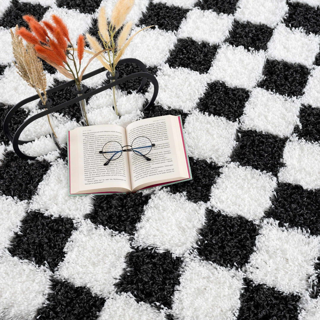 Modern geometric Black and White Checkboard style Plush pile Area Rug - The Rug Decor