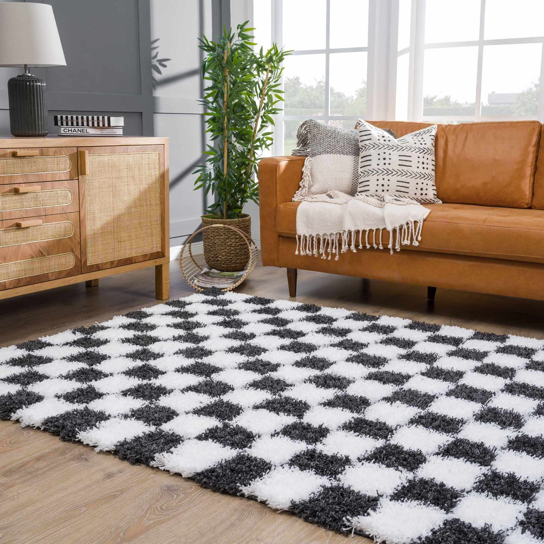 Modern geometric Black and White Checkboard style Plush pile Area Rug - The Rug Decor