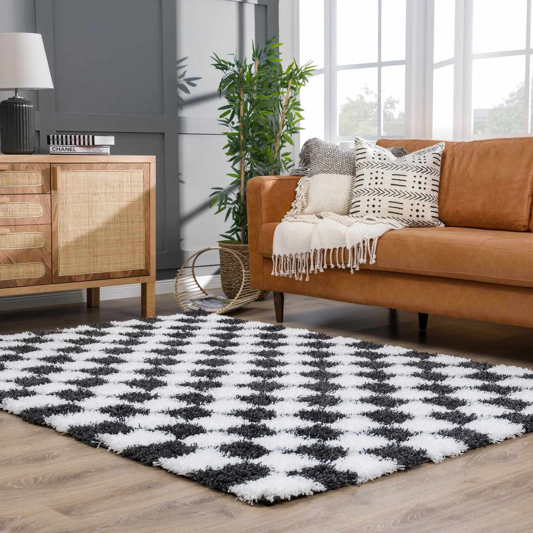 Modern geometric Black and White Checkboard style Plush pile Area Rug - The Rug Decor