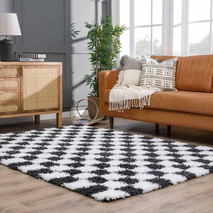 Modern geometric Black and White Checkboard style Plush pile Area Rug - The Rug Decor