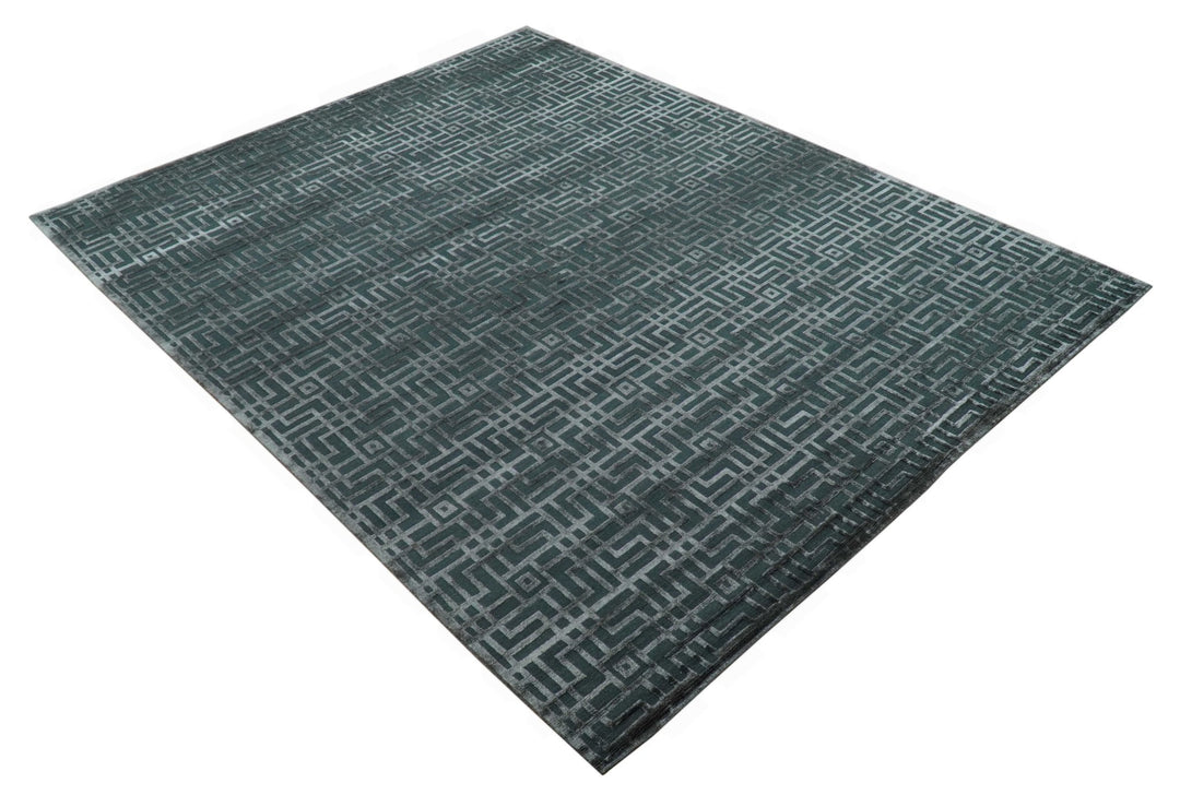 Modern Geometric Design Dark Teal And Silver 8x10 Hand Knotted Wool And Art Silk Rug - The Rug Decor