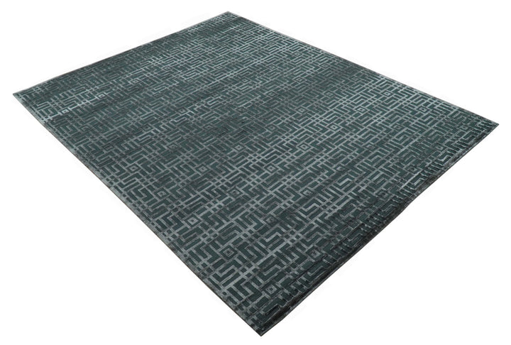 Modern Geometric Design Dark Teal And Silver 8x10 Hand Knotted Wool And Art Silk Rug - The Rug Decor