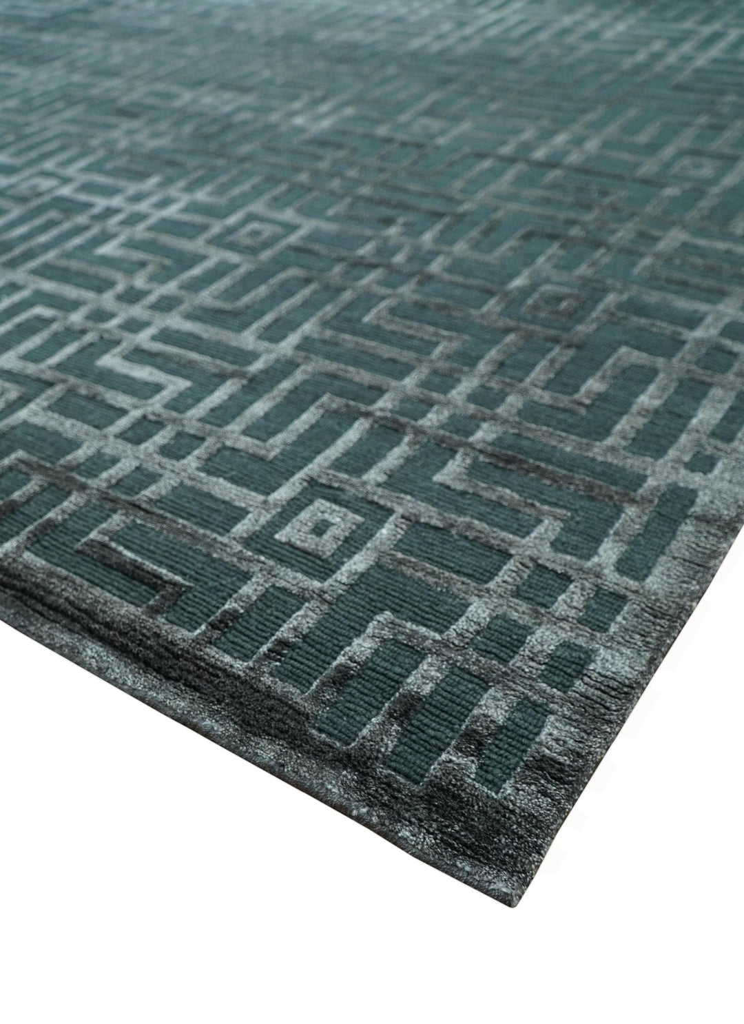 Modern Geometric Design Dark Teal And Silver 8x10 Hand Knotted Wool And Art Silk Rug - The Rug Decor