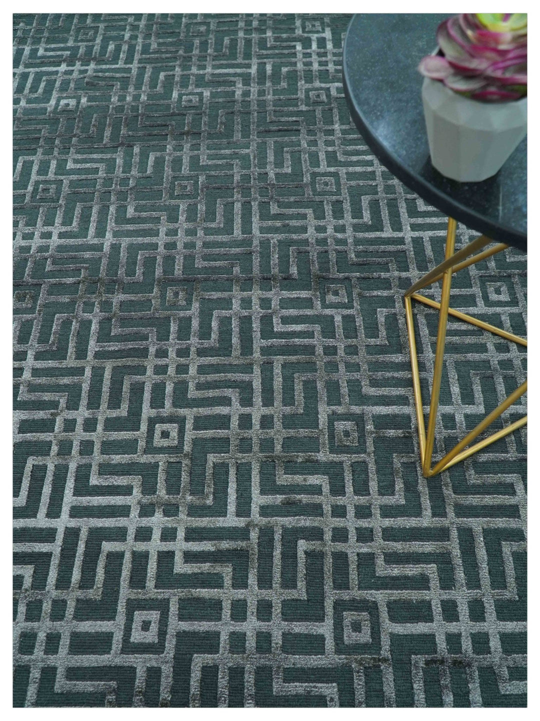 Modern Geometric Design Dark Teal And Silver 8x10 Hand Knotted Wool And Art Silk Rug - The Rug Decor