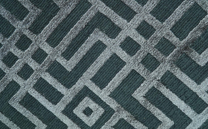 Modern Geometric Design Dark Teal And Silver 8x10 Hand Knotted Wool And Art Silk Rug - The Rug Decor