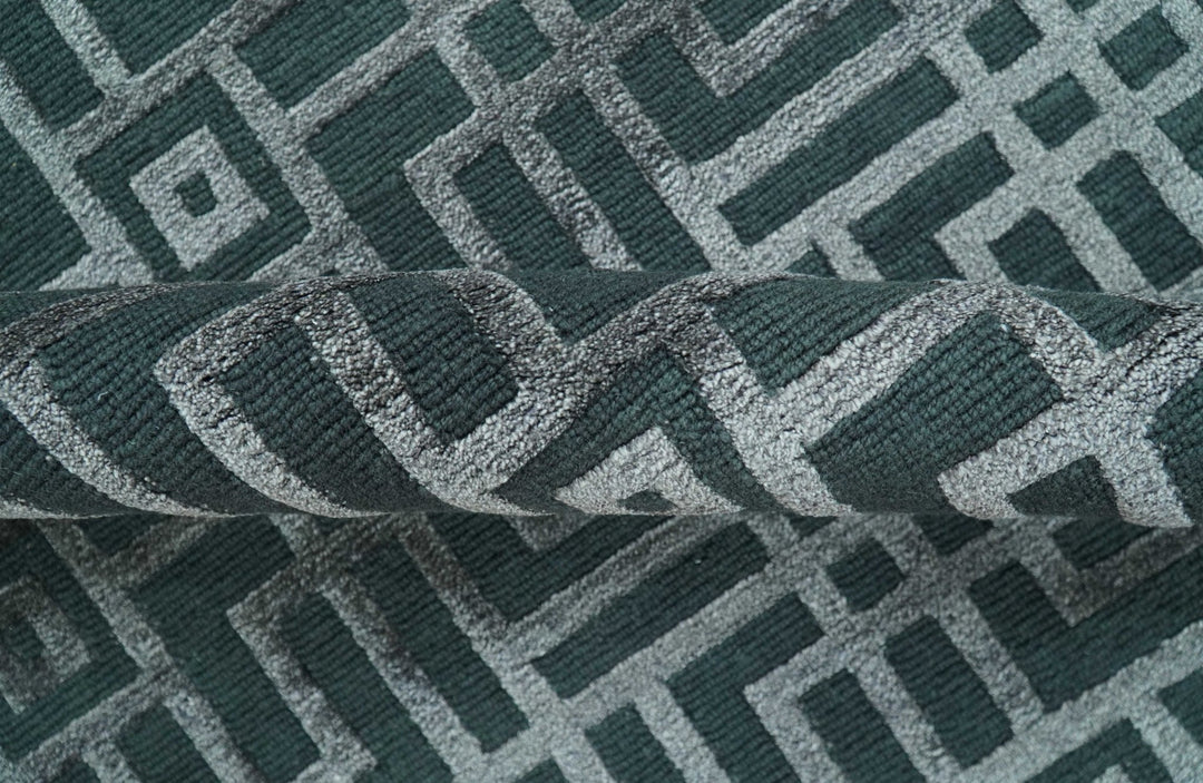 Modern Geometric Design Dark Teal And Silver 8x10 Hand Knotted Wool And Art Silk Rug - The Rug Decor