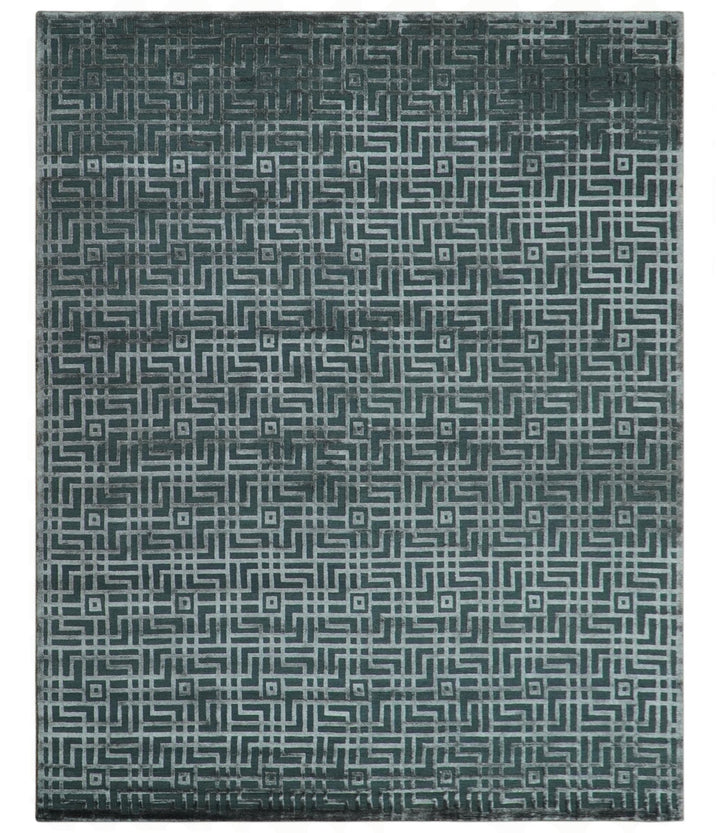 Modern Geometric Design Dark Teal And Silver 8x10 Hand Knotted Wool And Art Silk Rug - The Rug Decor