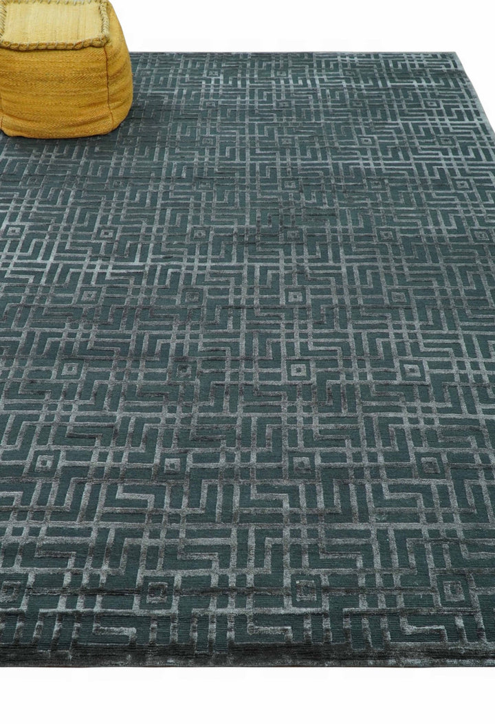 Modern Geometric Design Dark Teal And Silver 8x10 Hand Knotted Wool And Art Silk Rug - The Rug Decor