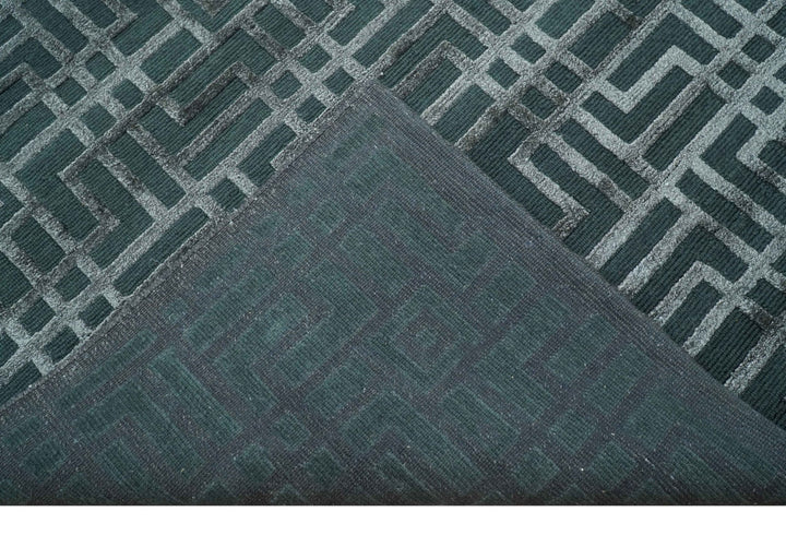 Modern Geometric Design Dark Teal And Silver 8x10 Hand Knotted Wool And Art Silk Rug - The Rug Decor