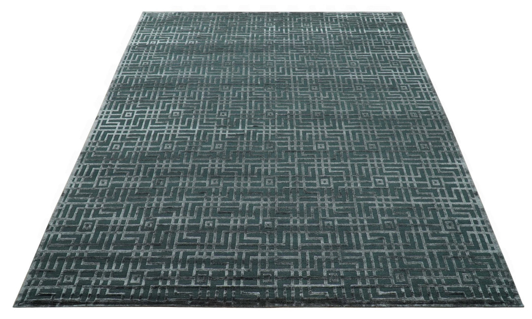 Modern Geometric Design Dark Teal And Silver 8x10 Hand Knotted Wool And Art Silk Rug - The Rug Decor