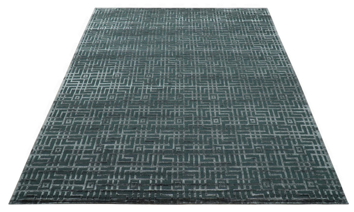 Modern Geometric Design Dark Teal And Silver 8x10 Hand Knotted Wool And Art Silk Rug - The Rug Decor