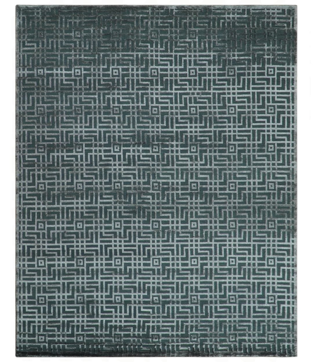 Modern Geometric Design Dark Teal And Silver 8x10 Hand Knotted Wool And Art Silk Rug - The Rug Decor