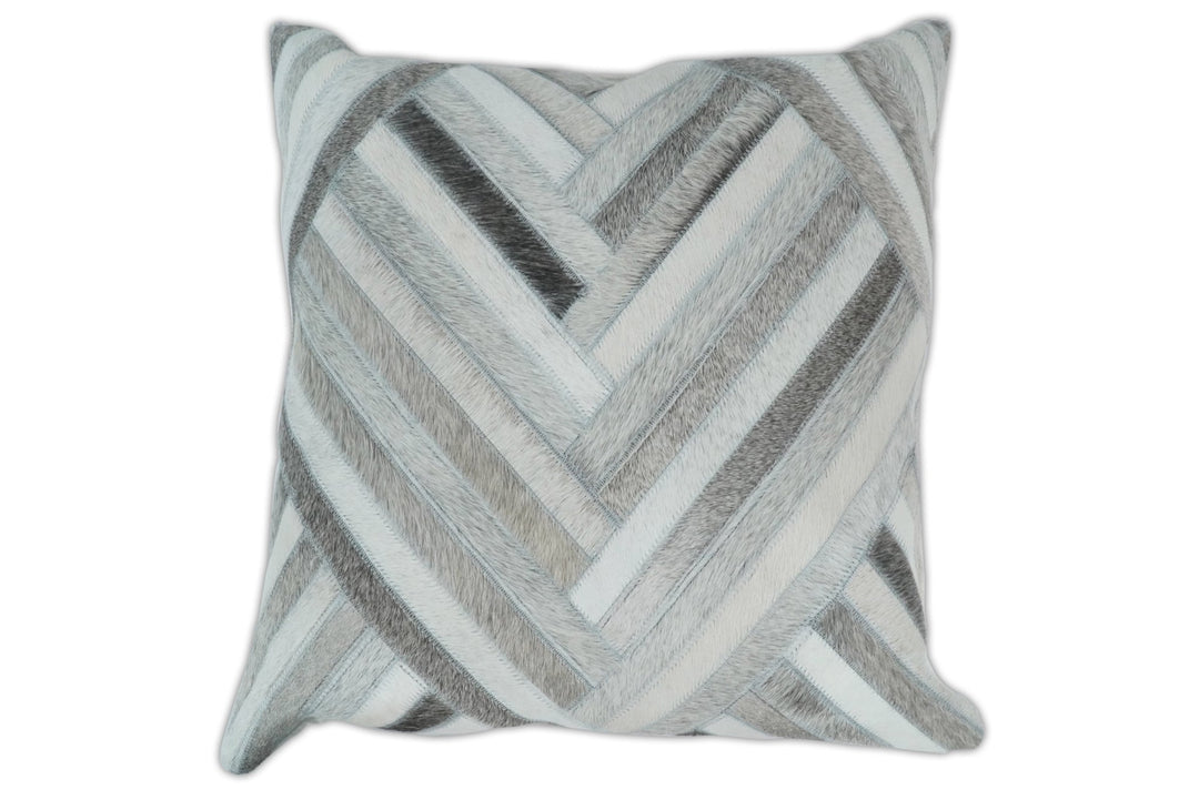 Modern Geometric Silver and Ivory Striped Genuine leather Pillow, Cushion - The Rug Decor