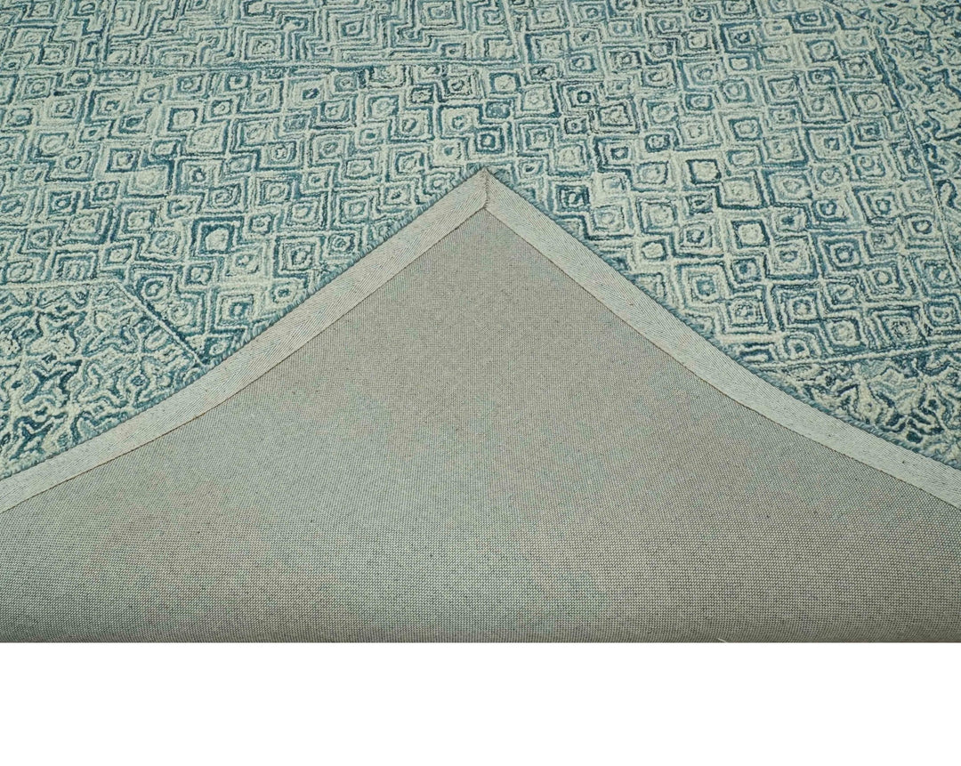 Modern Geometrical 8x10 Teal and Ivory Hand Tufted wool area rug - The Rug Decor
