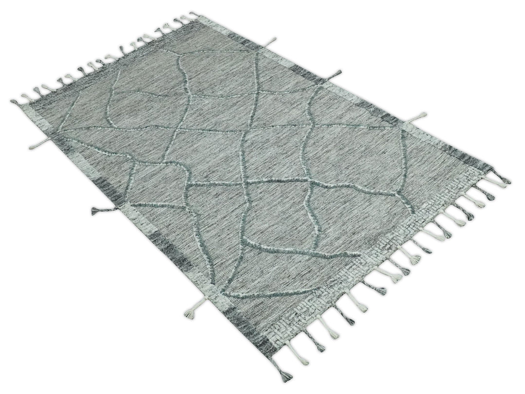 Modern Geometrical Hand carved Texture Gray, Ivory and Charcoal Hand Knotted 5x8 wool Area Rug - The Rug Decor