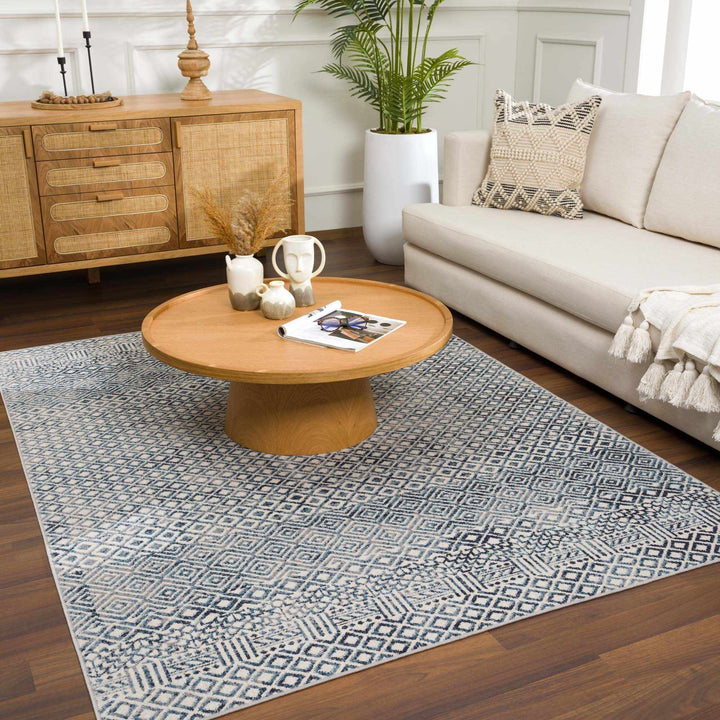 Modern Geometrical Ivory, and Teal Washable Area Rug - The Rug Decor