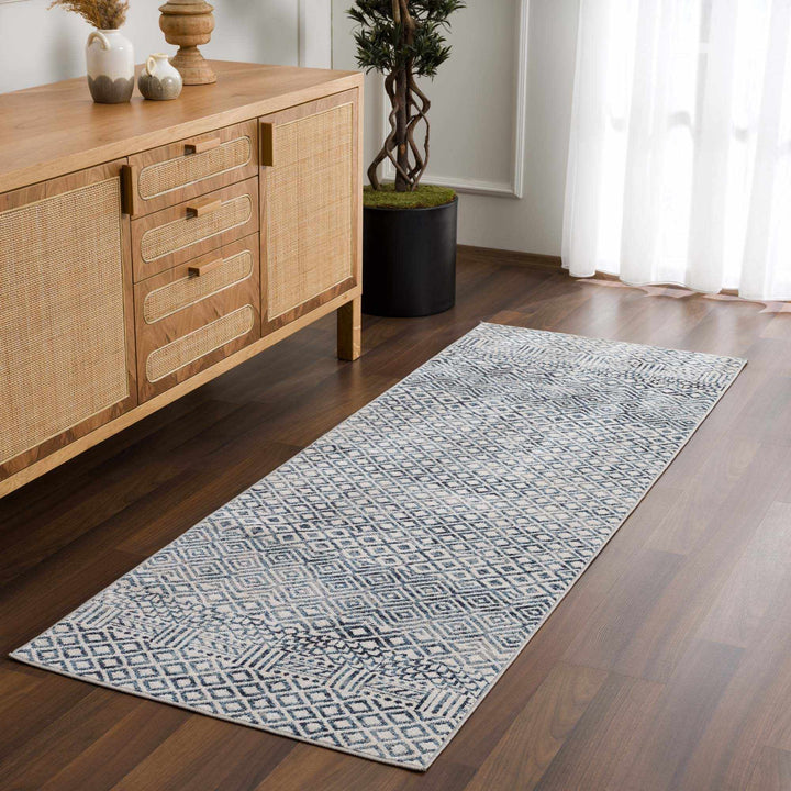 Modern Geometrical Ivory, and Teal Washable Area Rug - The Rug Decor