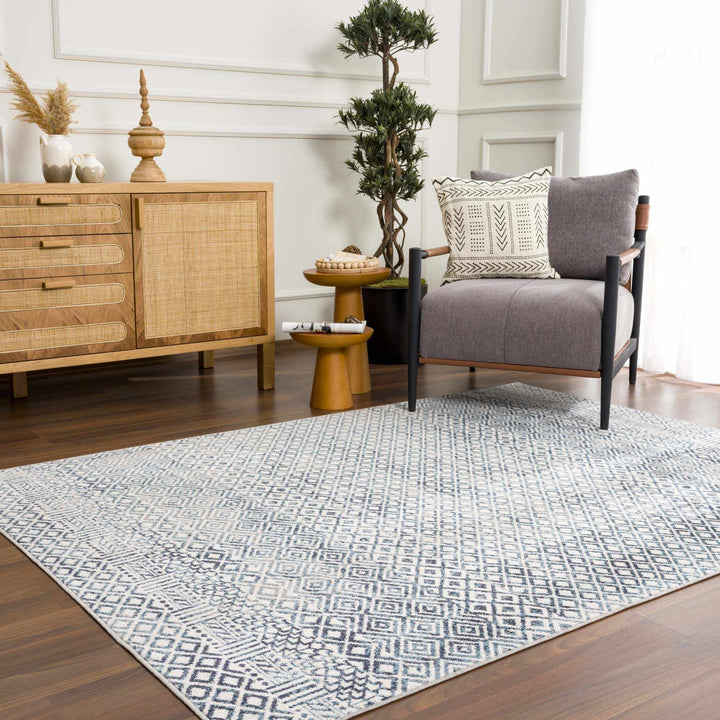 Modern Geometrical Ivory, and Teal Washable Area Rug - The Rug Decor