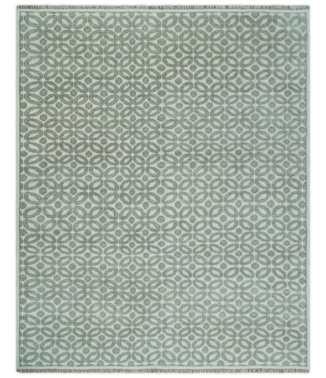 Modern Geometrical Ivory, Teal and Brown Hand Knotted 8x10 wool Area Rug - The Rug Decor