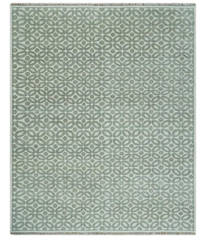 Modern Geometrical Ivory, Teal and Brown Hand Knotted 8x10 wool Area Rug - The Rug Decor