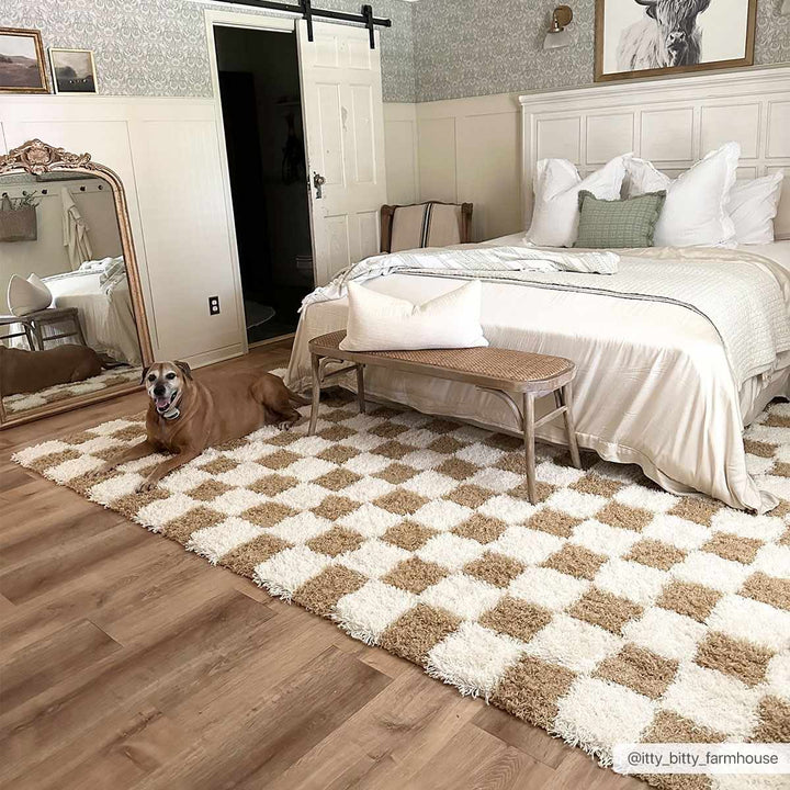Modern Geometrical Mustard and Ivory Checkered Board Plush Pile Moroccan Style Area Rug - The Rug Decor
